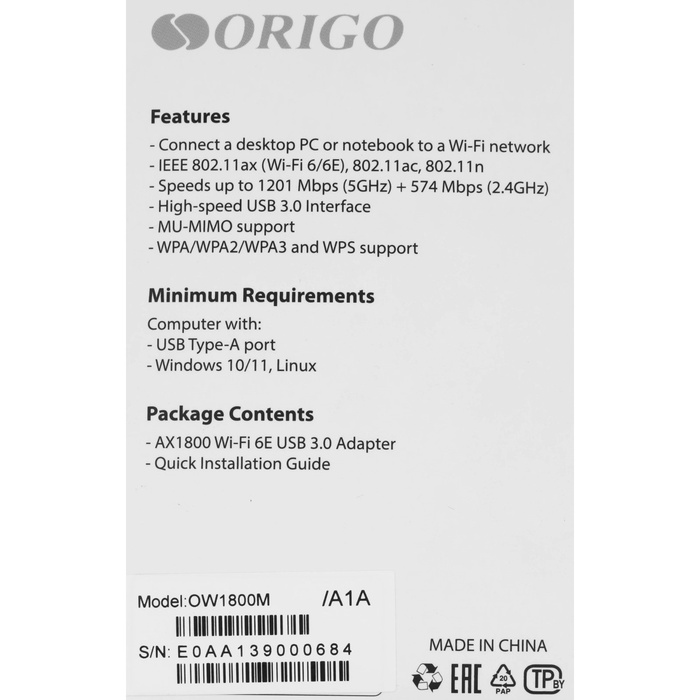 Сетевой адаптер Wi-Fi Origo OW1800M OW1800M/A1A AX1800 USB 3.0 (ант.внеш.несъем.) 2ант. - фото 51693442