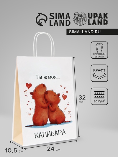 Пакет подарочный бумажный, "Моя Капибара", 24 х 10,5 х 32 см