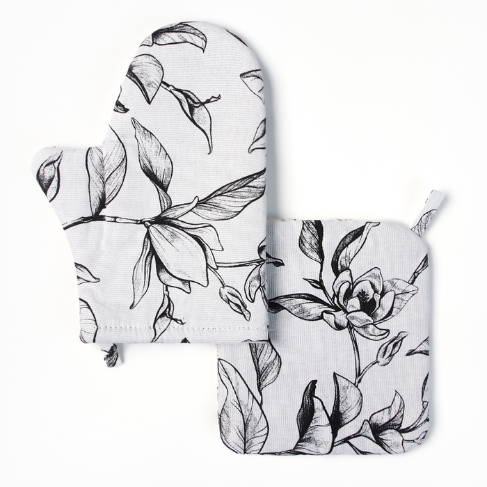 Кухонный набор «Доляна» Plant leaves: варежка 20×27 см, прихватка 19×19 см, 100% хлопок, 250 г/м² - Фото 1