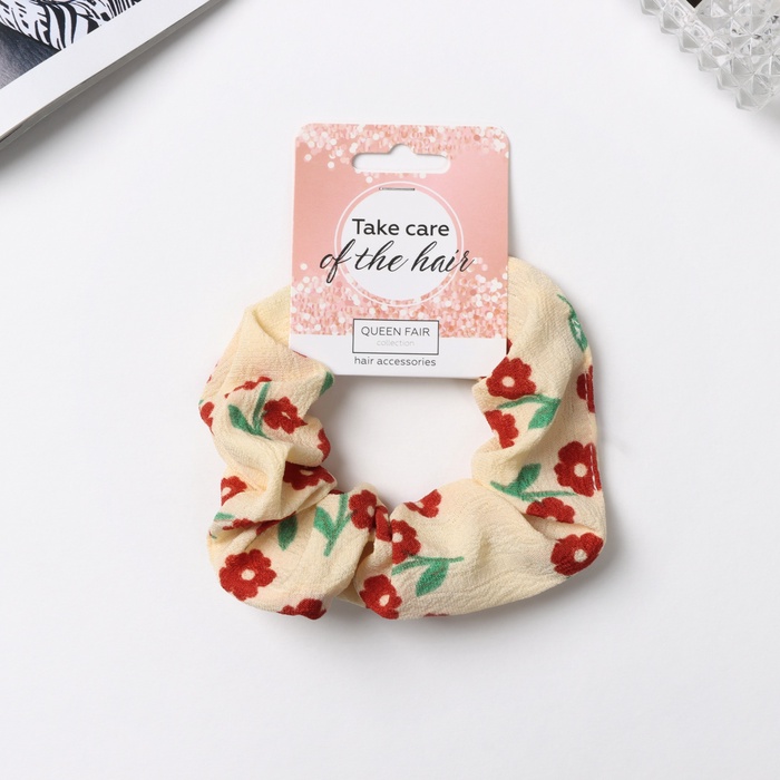 Резинка для волос «Орбита», цветы лето, 10 см, красно-бежевая - Фото 1