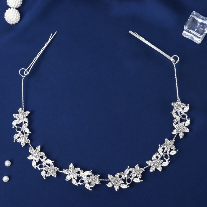 Аксессуар для волос «Джуди», цветочки, 26 см, серебро - Фото 1