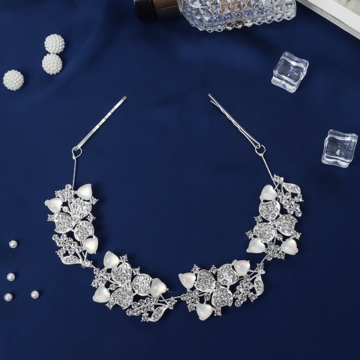 Аксессуар для волос «Леона», лепестки, 26 см, серебро