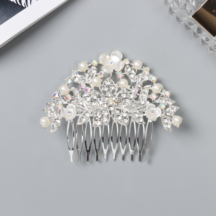 Гребень для волос QF «Джуди», цветы, 8×6 см, серебро - Фото 1