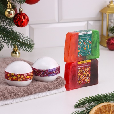 Набор 2 бомбочки «Апельсин, Лаванда« и 2 мыла »Мандарин и хвоя, Медовый глинтвейн»