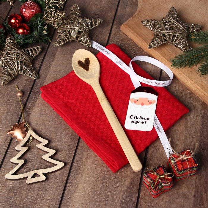 Набор подарочный Доляна From Santa: бордовый, полотенце 35×60 см, хлопок 100%, ваф 220 г/м² - Фото 1