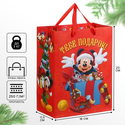 Пакет подарочный новогодний, 23×18×11.5 см, упаковка, Микки Маус