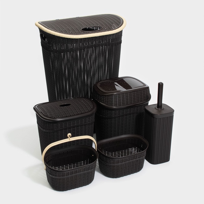 УЦЕНКА Набор для ванной комнаты 6 предметов: корзина 4 шт., ведро для мусора, ёрш, цвет коричневый - Фото 1