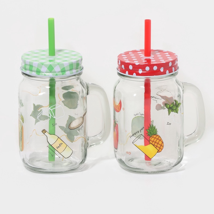 УЦЕНКА Набор банок стеклянных Доляна «Свежий бриз», 2 предмета: 2 банки с крышками и трубочками 450 мл - Фото 1