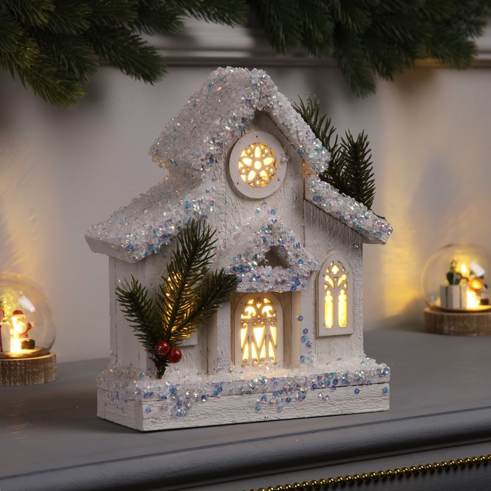 Фигура деревянная «Домик белый», 24×20х7 см, 5 LED, батарейки AAx2 (не в комплекте), свечение теплое белое - Фото 1