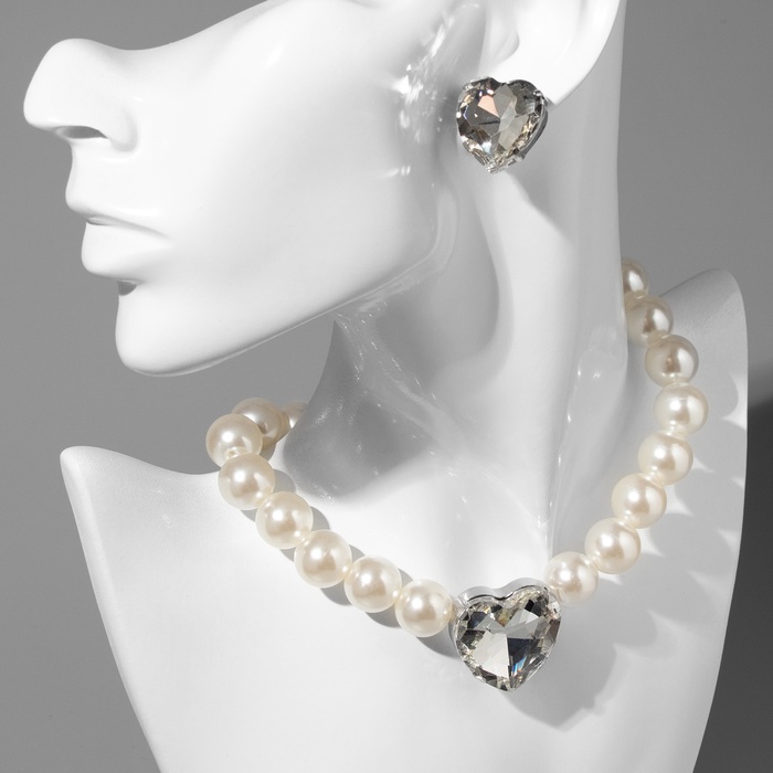 Набор 2 предмета; серьги, колье «Сердце» крупный жемчуг, цвет белый в серебре - Фото 1