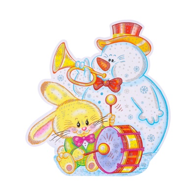 Плакат новогодний на стену «Зайчик с барабаном и снеговиком» глиттер, 25×23 см