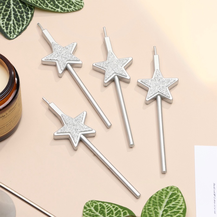 Свечи для торта 4 шт. «Блестящие звезды», серебряные - Фото 1