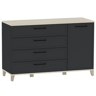 Комод напольный для спальни Aurelio 455, на ножках, 4 ящика, 1 дверь, 1200×455×777 мм, цвет антрацит/блеквуд сатиновый