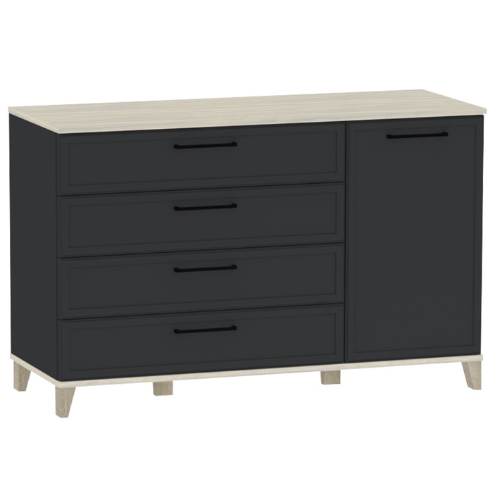 Комод напольный для спальни Aurelio 455, на ножках, 4 ящика, 1 дверь, 1200×455×777 мм, цвет антрацит/блеквуд сатиновый - Фото 1