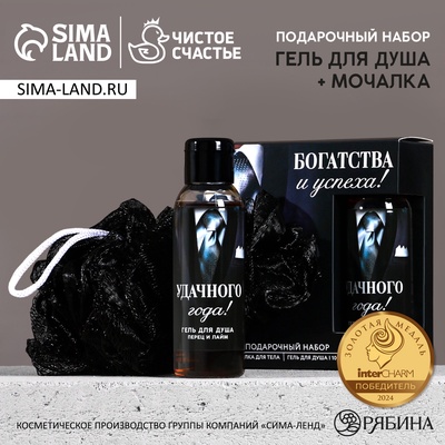 Новогодний подарочный набор косметики «Богатства и успеха», гель для душа 100 мл и мочалка для тела, Чистое счастье