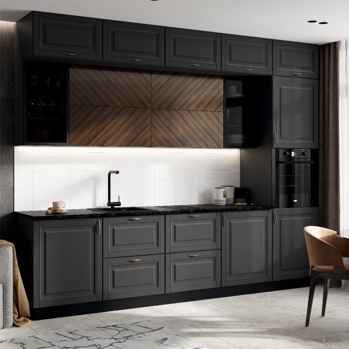 Кухонный гарнитур трёхуровневый в потолок «Престиж», с столешницей, 3000 мм, цвет графит/графит софт/прайм орех - Фото 1