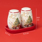 Набор для специй новогодний Доляна «Волшебное дерево», 3 предмета: солонка 130 мл, перечница 130 мл, подставка, 16.8×12×9 см, доломит - Фото 3