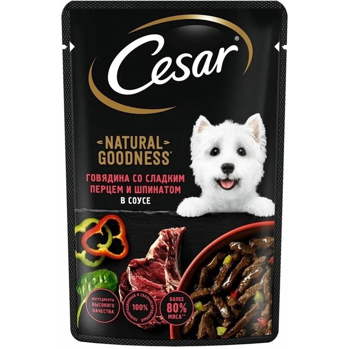 Влажный корм Cesar для собак, паприка, шпинат в соусе, пауч, 80г - Фото 1