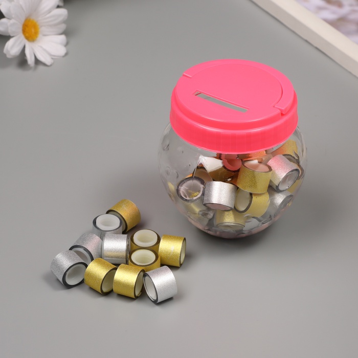 Клейкая лента пластик в банке «Глори. Золото, серебро», набор 40 шт., 1.2 см, дл.0.9 м, 7×7×9 см