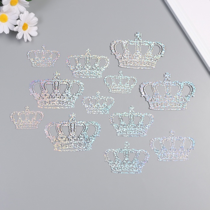 Наклейка бумага, пластик «Корона императора», голография серебро, набор 12 шт. 3 размера