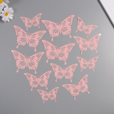Набор наклеек бумага «Бабочки с розами», матовый розовый, 12 шт.
