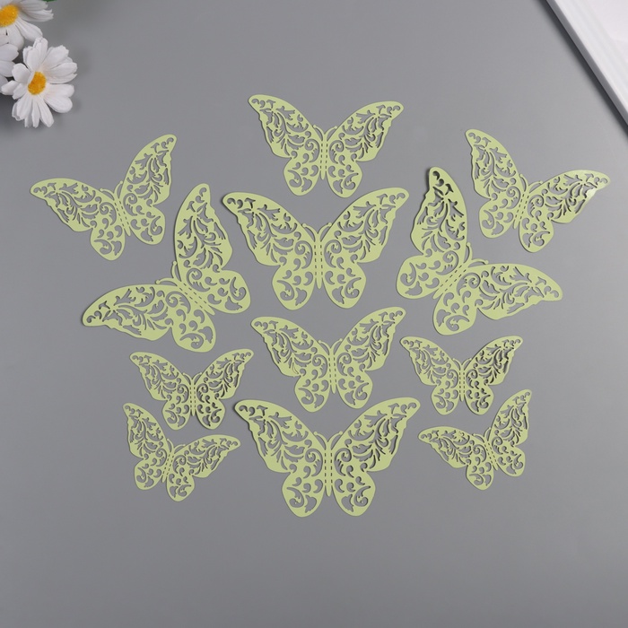 Набор наклеек бумага «Бабочки с листьями», матовый зелёный, 12 шт. - Фото 1
