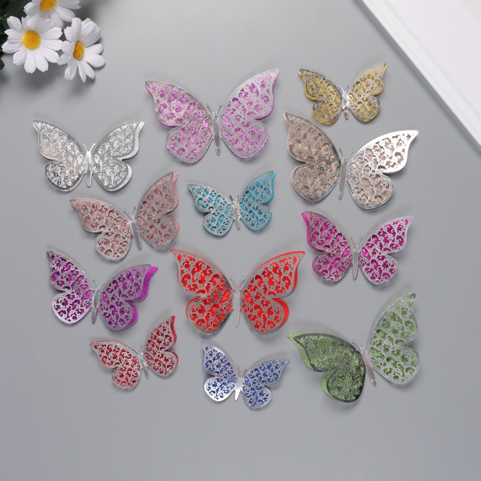 Наклейка бумага, пластик «Цветочные бабочки», блёстки цветные, набор 12 шт.: 12 см; 10 см; 8 см - Фото 1