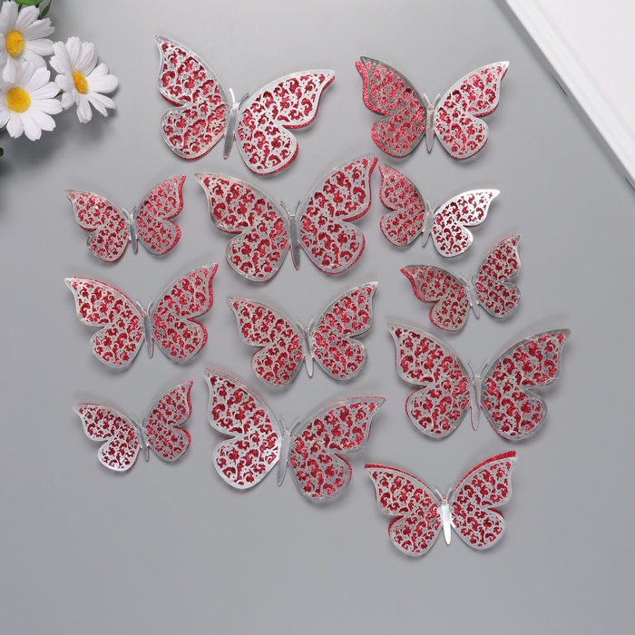 Наклейка бумага, пластик «Цветочные красные бабочки», блёстки, набор 12 шт.: 12 см; 10 см; 8 см - Фото 1