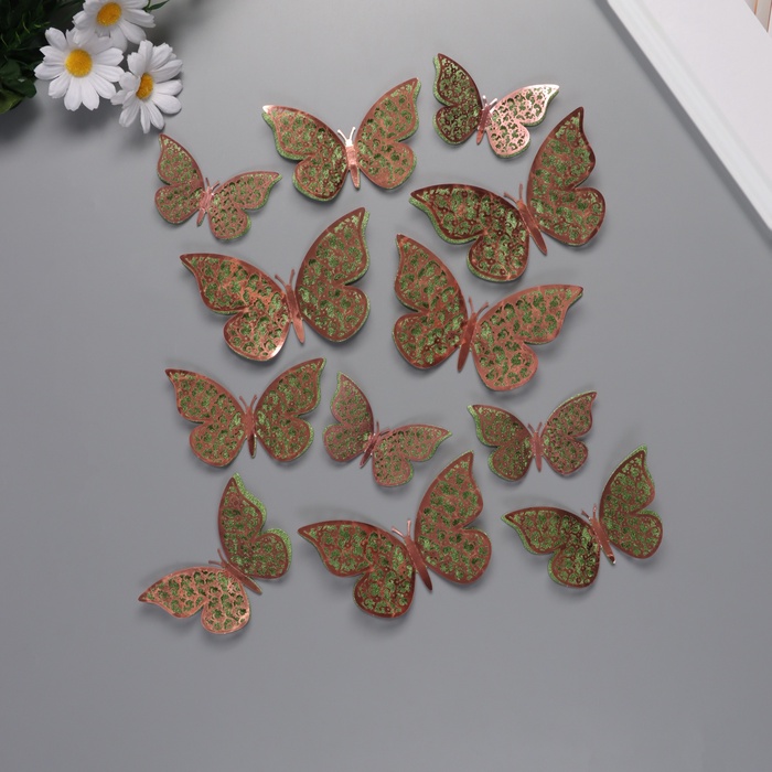 Наклейка бумага, пластик «Цветочные зелёные бабочки», блёстки, набор 12 шт.: 12 см; 10 см; 8 см - Фото 1