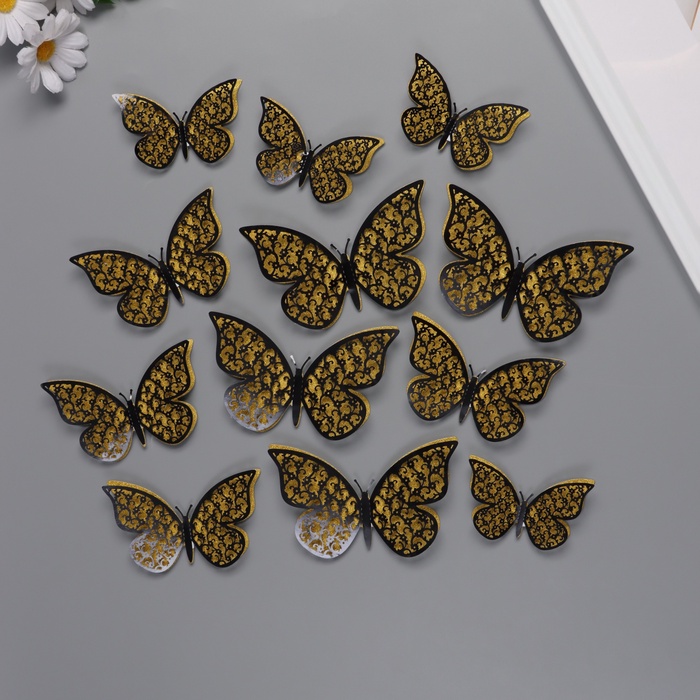 Наклейка бумага, пластик «Цветочные бабочки золото», блёстки, набор 12 шт.: 12 см; 10 см; 8 см - Фото 1