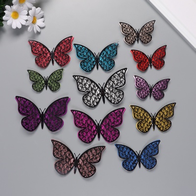 Наклейка бумага, пластик «Цветочные бабочки цветные», блёстки, набор 12 шт.: 12 см; 10 см; 8 см