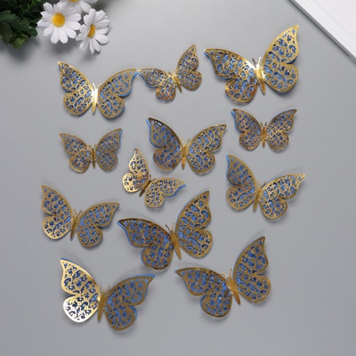 Наклейка бумага, пластик «Цветочные бабочки синие», блёстки, набор 12 шт.: 12 см; 10 см; 8 см