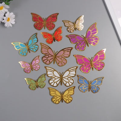 Наклейка бумага, пластик «Бабочки, цветной глиттер», золото, набор 12 шт.: 12 см; 10 см; 8 см