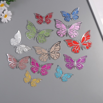 Наклейка бумага, пластик «Бабочки, цветной глиттер», серебро, набор 12 шт.: 12 см; 10 см; 8 см