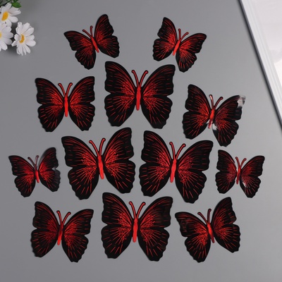 Наклейка пластик «Бабочки чёрные с красным», двойные крылья, набор 12 шт.: 12 см, 10 см; 8 см