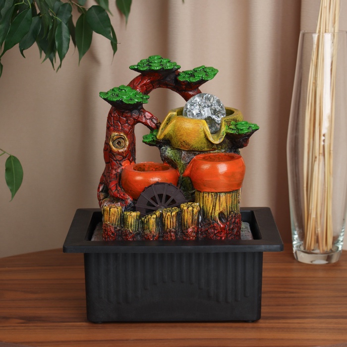 Фонтан настольный «Бочки с зеленью у забора», 26×22.5 см, с подсветкой