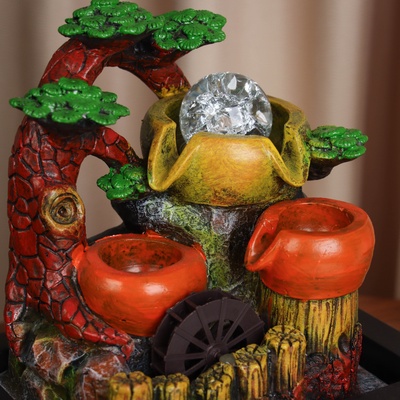 Фонтан настольный «Бочки с зеленью у забора», 26×22.5 см, с подсветкой