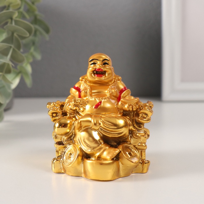 Нэцкэ фигурка «Хотей в кресле с драконом на золотых монетах», полистоун, золотой, 6×7×7.5 см