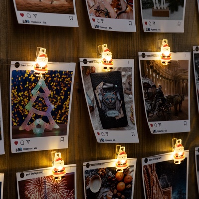 УЦЕНКА Гирлянда «Нить» 2 м, роса, с насадками «Прищепки с Дедом Морозом», IP20, серебристая нить, 20 LED, от батареек ААх2, свечение тёплое белое