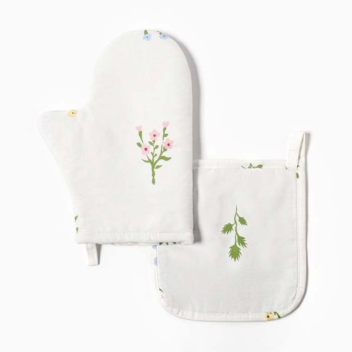 Кухонный набор «Этель. Цветочек»: варежка 20×27 см, прихватка 19×19 см, саржа 190 г/м², 100% хлопок - Фото 1