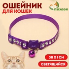 Ошейник кошачий "Душечка" светящийся, с бубенчиком, 30 х 1 см, полиэстер, фиолетовый - Фото 1