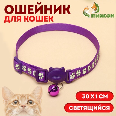 Ошейник кошачий "Душечка" светящийся, с бубенчиком, 30 х 1 см, полиэстер, фиолетовый