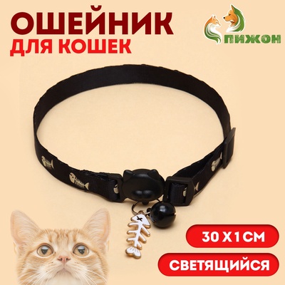 Ошейник кошачий "Рыбёшка" светящийся, с бубенчиком и подвесом, 30 х 1 см, полиэстер, черный   106710