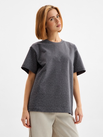 Футболка со стразами женская MIST, серая, размер M