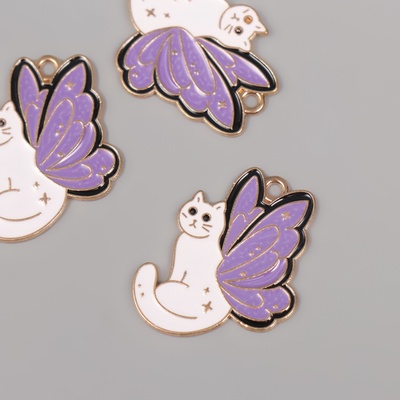 Декор для творчества металл, эмаль «Котик с крыльями бабочки», бело-фиолетовый, 2.8×2.4 см