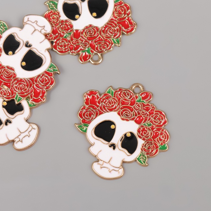 Декор для творчества металл, эмаль «Череп в цветочном венке», 3.1×3 см - Фото 1