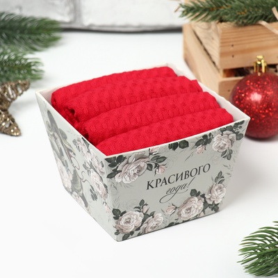 Набор кухонных полотенец «Доляна», бордовый, 35×60 см - 4 шт., 100% хлопок, вафля 220 г/м²