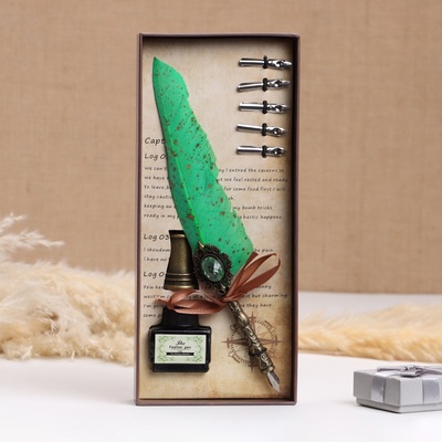 Набор подарочный 3 в 1 «Артефакт» (перьевая ручка на подставке, чернила, наконечники), зелёный