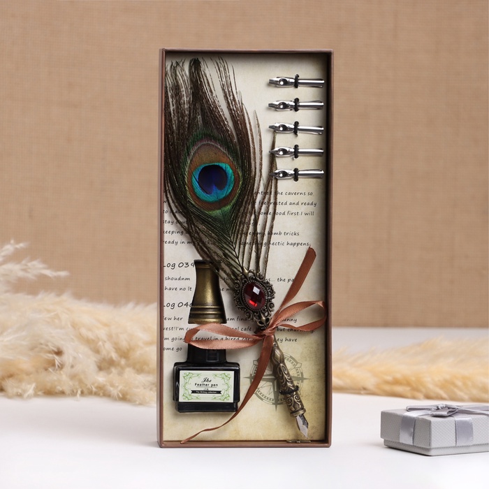 Набор подарочный 3в1 "Перо павлина": перьевая ручка, чернила, наконечники - Фото 1