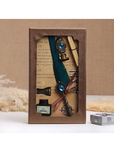 Набор подарочный 5 в 1 «Реликвия»: перьевая ручка бирюза, чернила, наконечники, печать, воск